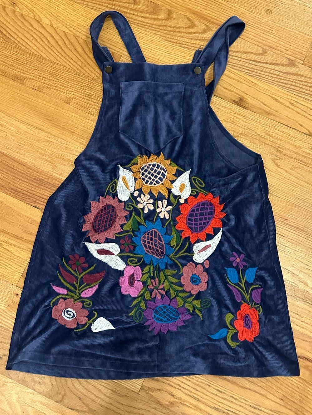 Santory M/L Overalls dress with embroidered  flowers blue